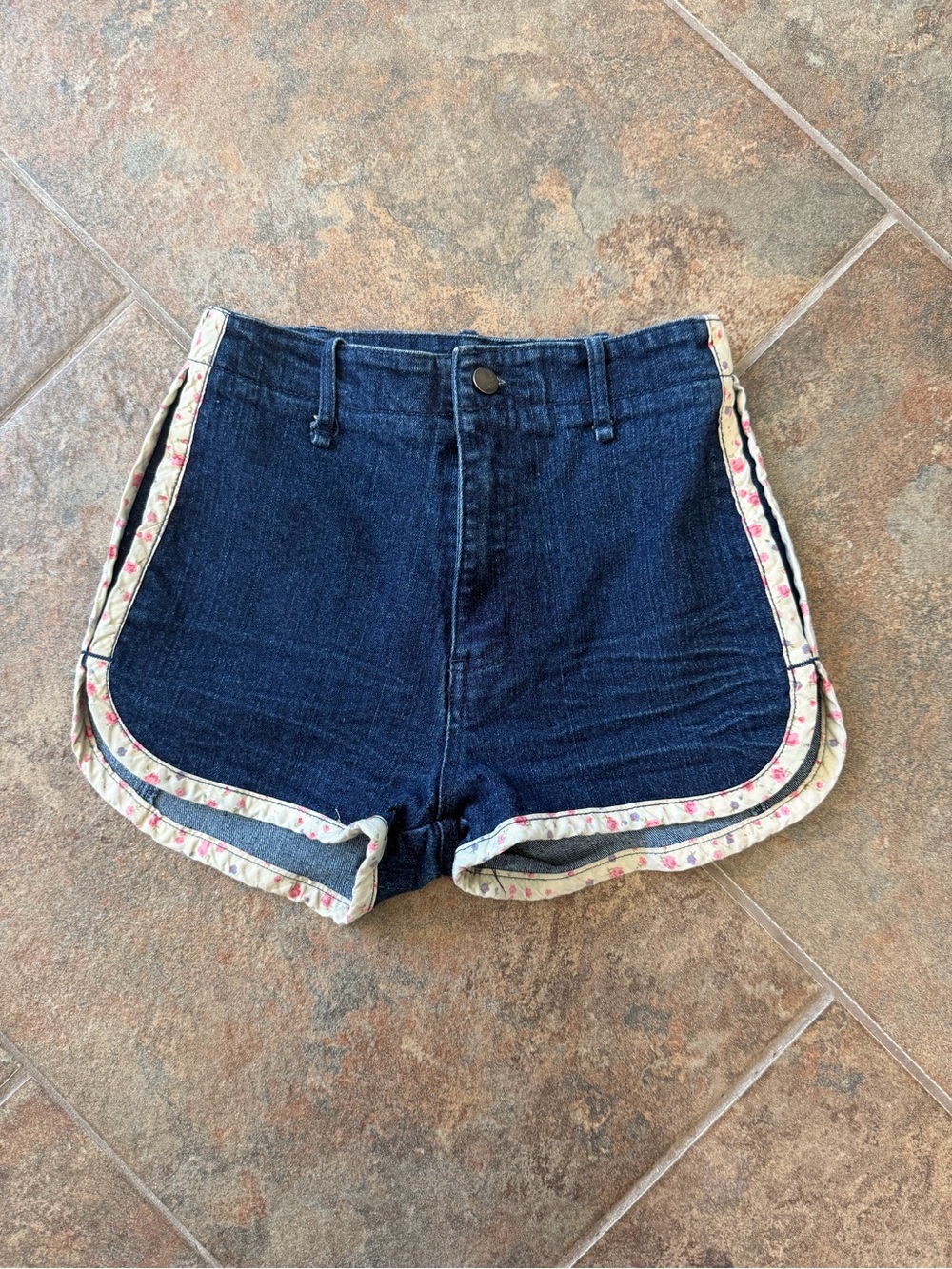 Dark Blue Denim Shorts with Floral-Trim Piping